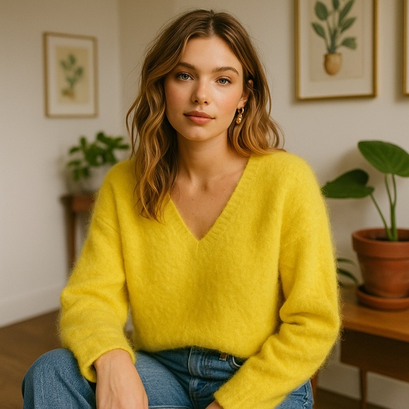 Maeve Sweaters - MAEVE BY ANTHROPOLOGIE OVERSIZED V-NECK SWEATER – BRIGHT YELLOW MOHAIR BLEND – S
